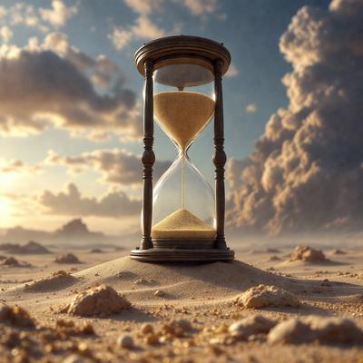 The primary subject of the image is a large, old-fashioned clock with a sandy background. The clock is placed on a sandy surface, which gives the scene a desert-like atmosphere. The visual style of the image is a combination of photo and digital art, creating a unique and artistic representation of the clock. The colors in the image are predominantly neutral, with the sandy background providing a warm and natural tone.